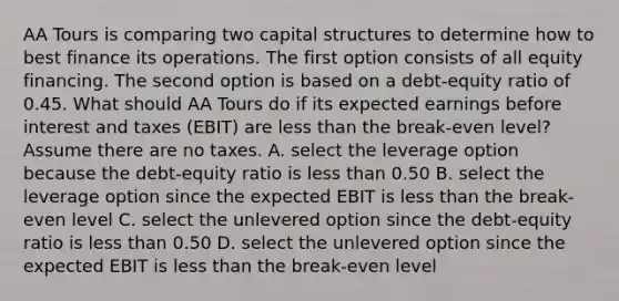 AA Tours is comparing two capital structures to determine how to best finance its operations. The first option consists of all equity financing. The second option is based on a debt-equity ratio of 0.45. What should AA Tours do if its expected earnings before interest and taxes (EBIT) are less than the break-even level? Assume there are no taxes. A. select the leverage option because the debt-equity ratio is less than 0.50 B. select the leverage option since the expected EBIT is less than the break-even level C. select the unlevered option since the debt-equity ratio is less than 0.50 D. select the unlevered option since the expected EBIT is less than the break-even level