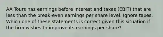 AA Tours has earnings before interest and taxes (EBIT) that are less than the break-even earnings per share level. Ignore taxes. Which one of these statements is correct given this situation if the firm wishes to improve its earnings per share?