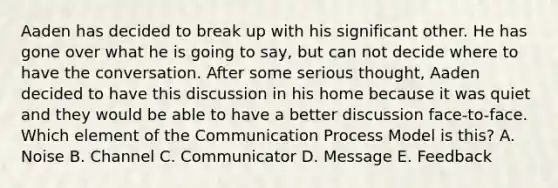 Aaden has decided to break up with his significant other. He has gone over what he is going to say, but can not decide where to have the conversation. After some serious thought, Aaden decided to have this discussion in his home because it was quiet and they would be able to have a better discussion face-to-face. Which element of the Communication Process Model is this? A. Noise B. Channel C. Communicator D. Message E. Feedback