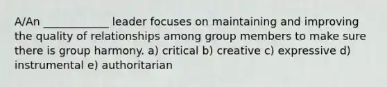 A/An ____________ leader focuses on maintaining and improving the quality of relationships among group members to make sure there is group harmony. a) critical b) creative c) expressive d) instrumental e) authoritarian