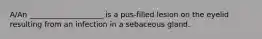 A/An ____________________ is a pus-filled lesion on the eyelid resulting from an infection in a sebaceous gland.