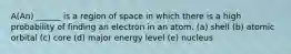 A(An) ______ is a region of space in which there is a high probability of finding an electron in an atom. (a) shell (b) atomic orbital (c) core (d) major energy level (e) nucleus