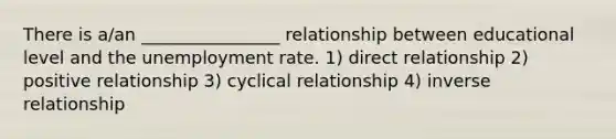 There is a/an ________________ relationship between educational level and the <a href='https://www.questionai.com/knowledge/kh7PJ5HsOk-unemployment-rate' class='anchor-knowledge'>unemployment rate</a>. 1) direct relationship 2) positive relationship 3) cyclical relationship 4) <a href='https://www.questionai.com/knowledge/kc6KNK1VxL-inverse-relation' class='anchor-knowledge'>inverse relation</a>ship