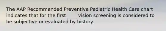 The AAP Recommended Preventive Pediatric Health Care chart indicates that for the first ____ vision screening is considered to be subjective or evaluated by history.