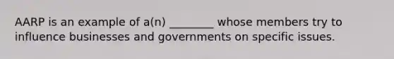 AARP is an example of a(n) ________ whose members try to influence businesses and governments on specific issues.