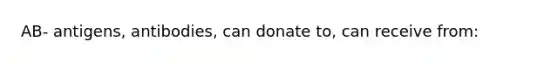 AB- antigens, antibodies, can donate to, can receive from: