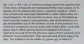 AB + CD -> AD + BC; A chemical change where the positive ions of two ionic compounds are exchanged (they trade places, so to speak). Almost always take place in aqueous solutions, where ionic compounds have been dissolved in water before they are mixed together. For this reaction to occur, one of the following must (usually) happen: a precipitation, one of the products is a gas and bubbles out of the solution, or one of the products in a molecular compound such as water (this occurs when acids and bases react). When writing balanced equations for these reactions, be sure to list the physical states of the reactants and products if you know them. The reactants will almost always be (aq). The products can be solids (s), gases (g), or water (l).