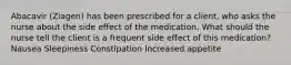 Abacavir (Ziagen) has been prescribed for a client, who asks the nurse about the side effect of the medication. What should the nurse tell the client is a frequent side effect of this medication? Nausea Sleepiness Constipation Increased appetite