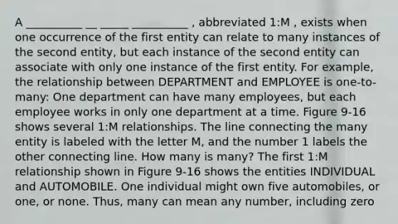 A __________ __ _____ __________ , abbreviated 1:M , exists when one occurrence of the first entity can relate to many instances of the second entity, but each instance of the second entity can associate with only one instance of the first entity. For example, the relationship between DEPARTMENT and EMPLOYEE is one-to-many: One department can have many employees, but each employee works in only one department at a time. Figure 9-16 shows several 1:M relationships. The line connecting the many entity is labeled with the letter M, and the number 1 labels the other connecting line. How many is many? The first 1:M relationship shown in Figure 9-16 shows the entities INDIVIDUAL and AUTOMOBILE. One individual might own five automobiles, or one, or none. Thus, many can mean any number, including zero