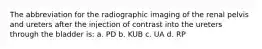 The abbreviation for the radiographic imaging of the renal pelvis and ureters after the injection of contrast into the ureters through the bladder is: a. PD b. KUB c. UA d. RP