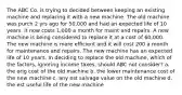 The ABC Co. is trying to decided between keeping an existing machine and replacing it with a new machine. The old machine was purch 2 yrs ago for 50,000 and had an expected life of 10 years. It now costs 1,000 a month for maint and repairs. A new machine is being considered to replace it at a cost of 60,000. The new machine is more efficient and it will cost 200 a month for maintenance and repairs. The new machine has an expected life of 10 years. In deciding to replace the old machine, which of the factors, ignoring income taxes, should ABC not consider? a. the orig cost of the old machine b. the lower maintenance cost of the new machine c. any est salvage value on the old machine d. the est useful life of the new machine