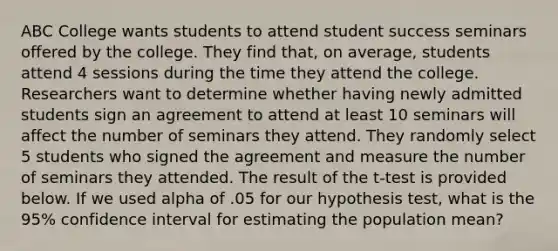 ABC College wants students to attend student success seminars offered by the college. They find that, on average, students attend 4 sessions during the time they attend the college. Researchers want to determine whether having newly admitted students sign an agreement to attend at least 10 seminars will affect the number of seminars they attend. They randomly select 5 students who signed the agreement and measure the number of seminars they attended. The result of the t-test is provided below. If we used alpha of .05 for our hypothesis test, what is the 95% confidence interval for estimating the population mean?