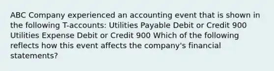 ABC Company experienced an accounting event that is shown in the following T-accounts: Utilities Payable Debit or Credit 900 Utilities Expense Debit or Credit 900 Which of the following reflects how this event affects the company's financial statements?