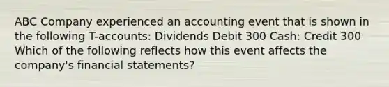 ABC Company experienced an accounting event that is shown in the following T-accounts: Dividends Debit 300 Cash: Credit 300 Which of the following reflects how this event affects the company's financial statements?