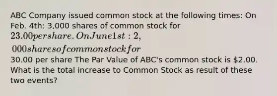 ABC Company issued common stock at the following times: On Feb. 4th: 3,000 shares of common stock for 23.00 per share. On June 1st: 2,000 shares of common stock for30.00 per share The Par Value of ABC's common stock is 2.00. What is the total increase to Common Stock as result of these two events?