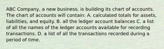 ABC Company, a new business, is building its chart of accounts. The chart of accounts will contain: A. calculated totals for assets, liabilities, and equity. B. all the ledger account balances C. a list of all the names of the ledger accounts available for recording transactions. D. a list of all the transactions recorded during a period of time.