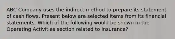 ABC Company uses the indirect method to prepare its statement of cash flows. Present below are selected items from its financial statements. Which of the following would be shown in the Operating Activities section related to insurance?