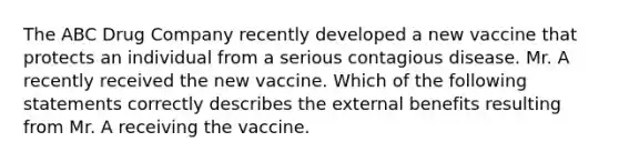 The ABC Drug Company recently developed a new vaccine that protects an individual from a serious contagious disease. Mr. A recently received the new vaccine. Which of the following statements correctly describes the external benefits resulting from Mr. A receiving the vaccine.