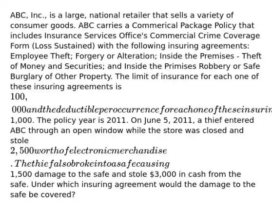 ABC, Inc., is a large, national retailer that sells a variety of consumer goods. ABC carries a Commerical Package Policy that includes Insurance Services Office's Commercial Crime Coverage Form (Loss Sustained) with the following insuring agreements: Employee Theft; Forgery or Alteration; Inside the Premises - Theft of Money and Securities; and Inside the Primises Robbery or Safe Burglary of Other Property. The limit of insurance for each one of these insuring agreements is 100,000 and the deductible per occurrence for each one of these insuring agreements is1,000. The policy year is 2011. On June 5, 2011, a thief entered ABC through an open window while the store was closed and stole 2,500 worth of electronic merchandise. The thief also broke into a safe causing1,500 damage to the safe and stole 3,000 in cash from the safe. Under which insuring agreement would the damage to the safe be covered?