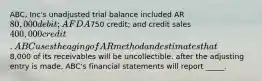 ABC, Inc's unadjusted trial balance included AR 80,000 debit; AFDA750 credit; and credit sales 400,000 credit. ABC uses the aging of AR method and estimates that8,000 of its receivables will be uncollectible. after the adjusting entry is made, ABC's financial statements will report _____.