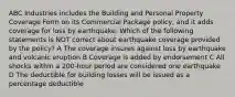 ABC Industries includes the Building and Personal Property Coverage Form on its Commercial Package policy, and it adds coverage for loss by earthquake. Which of the following statements is NOT correct about earthquake coverage provided by the policy? A The coverage insures against loss by earthquake and volcanic eruption B Coverage is added by endorsement C All shocks within a 200-hour period are considered one earthquake D The deductible for building losses will be issued as a percentage deductible