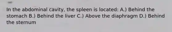 In the abdominal cavity, the spleen is located: A.) Behind the stomach B.) Behind the liver C.) Above the diaphragm D.) Behind the sternum