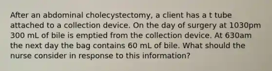 After an abdominal cholecystectomy, a client has a t tube attached to a collection device. On the day of surgery at 1030pm 300 mL of bile is emptied from the collection device. At 630am the next day the bag contains 60 mL of bile. What should the nurse consider in response to this information?