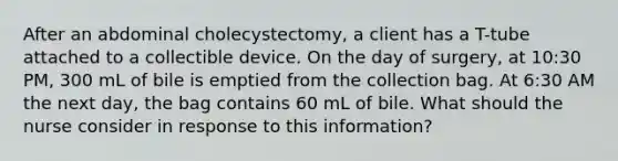 After an abdominal cholecystectomy, a client has a T-tube attached to a collectible device. On the day of surgery, at 10:30 PM, 300 mL of bile is emptied from the collection bag. At 6:30 AM the next day, the bag contains 60 mL of bile. What should the nurse consider in response to this information?