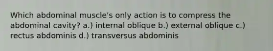 Which abdominal muscle's only action is to compress the abdominal cavity? a.) internal oblique b.) external oblique c.) rectus abdominis d.) transversus abdominis