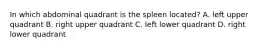 In which abdominal quadrant is the spleen located? A. left upper quadrant B. right upper quadrant C. left lower quadrant D. right lower quadrant