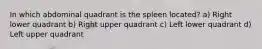 In which abdominal quadrant is the spleen located? a) Right lower quadrant b) Right upper quadrant c) Left lower quadrant d) Left upper quadrant