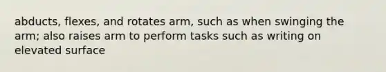 abducts, flexes, and rotates arm, such as when swinging the arm; also raises arm to perform tasks such as writing on elevated surface