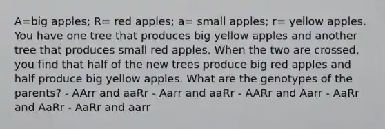 A=big apples; R= red apples; a= small apples; r= yellow apples. You have one tree that produces big yellow apples and another tree that produces small red apples. When the two are crossed, you find that half of the new trees produce big red apples and half produce big yellow apples. What are the genotypes of the parents? - AArr and aaRr - Aarr and aaRr - AARr and Aarr - AaRr and AaRr - AaRr and aarr