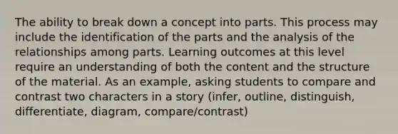 The ability to break down a concept into parts. This process may include the identification of the parts and the analysis of the relationships among parts. Learning outcomes at this level require an understanding of both the content and the structure of the material. As an example, asking students to compare and contrast two characters in a story (infer, outline, distinguish, differentiate, diagram, compare/contrast)