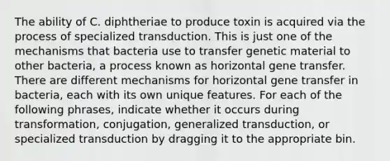 The ability of C. diphtheriae to produce toxin is acquired via the process of specialized transduction. This is just one of the mechanisms that bacteria use to transfer genetic material to other bacteria, a process known as horizontal gene transfer. There are different mechanisms for horizontal gene transfer in bacteria, each with its own unique features. For each of the following phrases, indicate whether it occurs during transformation, conjugation, generalized transduction, or specialized transduction by dragging it to the appropriate bin.