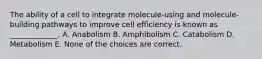 The ability of a cell to integrate molecule-using and molecule-building pathways to improve cell efficiency is known as _____________. A. Anabolism B. Amphibolism C. Catabolism D. Metabolism E. None of the choices are correct.