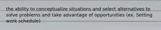 the ability to conceptualize situations and select alternatives to solve problems and take advantage of opportunities (ex. Setting work schedule)