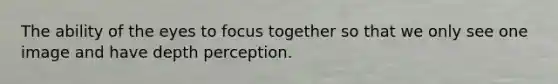 The ability of the eyes to focus together so that we only see one image and have depth perception.