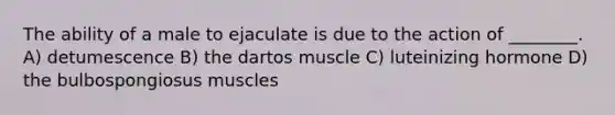 The ability of a male to ejaculate is due to the action of ________. A) detumescence B) the dartos muscle C) luteinizing hormone D) the bulbospongiosus muscles