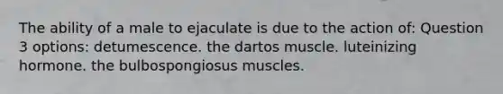 The ability of a male to ejaculate is due to the action of: Question 3 options: detumescence. the dartos muscle. luteinizing hormone. the bulbospongiosus muscles.