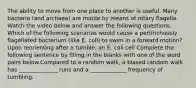 The ability to move from one place to another is useful. Many bacteria (and archaea) are motile by means of rotary flagella. Watch the video below and answer the following questions. Which of the following scenarios would cause a peritrichously flagellated bacterium (like E. coli) to swim in a forward motion? Upon reorienting after a tumble, an E. coli cell Complete the following sentence by filling in the blanks with one of the word pairs below.Compared to a random walk, a biased random walk has ______________ runs and a _____________ frequency of tumbling.