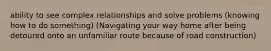 ability to see complex relationships and solve problems (knowing how to do something) (Navigating your way home after being detoured onto an unfamiliar route because of road construction)