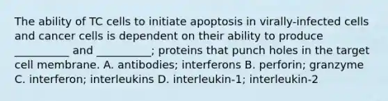 The ability of TC cells to initiate apoptosis in virally-infected cells and cancer cells is dependent on their ability to produce __________ and __________; proteins that punch holes in the target cell membrane. A. antibodies; interferons B. perforin; granzyme C. interferon; interleukins D. interleukin-1; interleukin-2