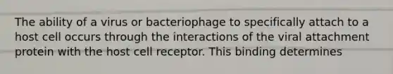 The ability of a virus or bacteriophage to specifically attach to a host cell occurs through the interactions of the viral attachment protein with the host cell receptor. This binding determines