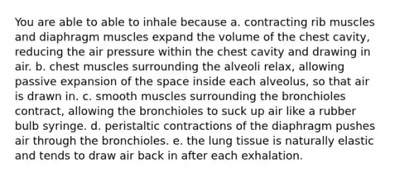 You are able to able to inhale because a. contracting rib muscles and diaphragm muscles expand the volume of the chest cavity, reducing the air pressure within the chest cavity and drawing in air. b. chest muscles surrounding the alveoli relax, allowing passive expansion of the space inside each alveolus, so that air is drawn in. c. smooth muscles surrounding the bronchioles contract, allowing the bronchioles to suck up air like a rubber bulb syringe. d. peristaltic contractions of the diaphragm pushes air through the bronchioles. e. the lung tissue is naturally elastic and tends to draw air back in after each exhalation.