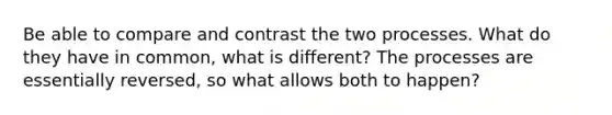 Be able to compare and contrast the two processes. What do they have in common, what is different? The processes are essentially reversed, so what allows both to happen?