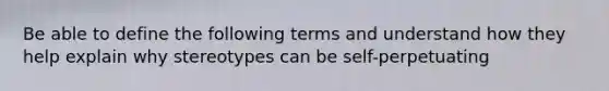 Be able to define the following terms and understand how they help explain why stereotypes can be self-perpetuating