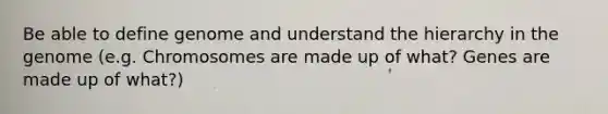 Be able to define genome and understand the hierarchy in the genome (e.g. Chromosomes are made up of what? Genes are made up of what?)