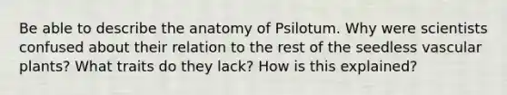 Be able to describe the anatomy of Psilotum. Why were scientists confused about their relation to the rest of the seedless vascular plants? What traits do they lack? How is this explained?