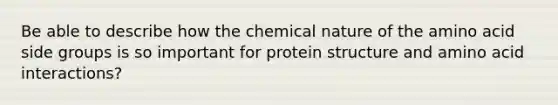 Be able to describe how the chemical nature of the amino acid side groups is so important for protein structure and amino acid interactions?